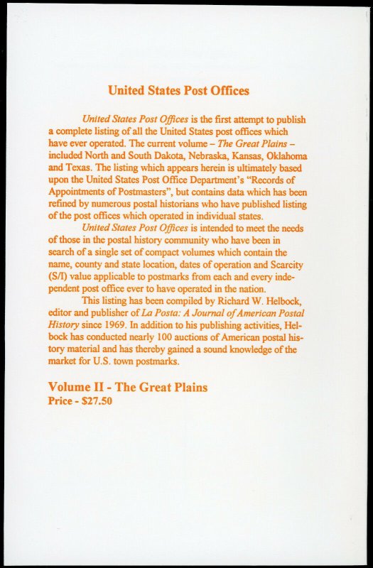 UNITED STATES POST OFFICES ~ Volume II - Great Plains / Richard W Helbock - NEW 