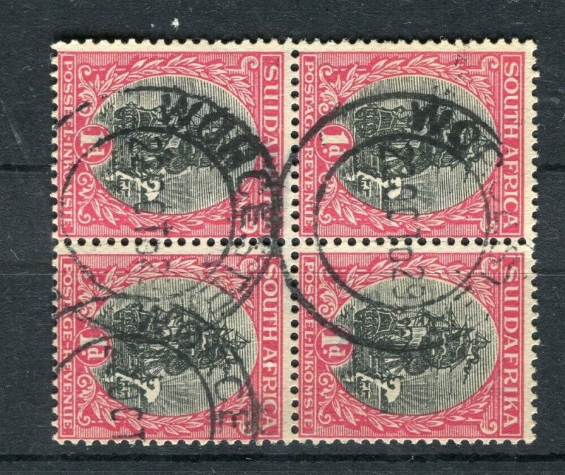 SOUTH AFRICA; 1920s-30s Dromedarius issue 1d. fine used POSTMARK BLOCK of 4