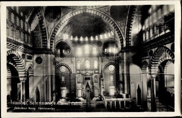 RPPC Photo Postcard Constantinople Istanbul Turkey, Suleymaniye Mosque, Interior