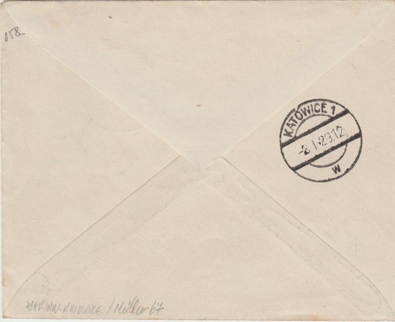 POLOGNE / POLAND 1929 (Jan 8) Scarce 1st Air Mail Flight Cover WARSAW-KATOWICE