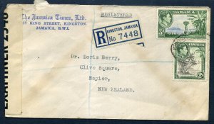 Jamaica 1943 registered cover 3d & 2d GVI sent to New Zealand, censored sealed