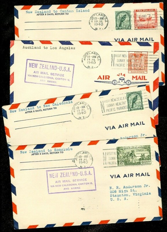 EDW1949SELL : NEW ZEALAND 4 nice First Flight Air Mail covers USA or Canton Isl