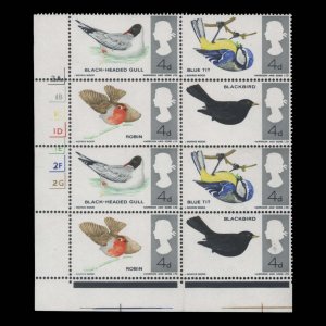 Great Britain 1966 (Variety) 4d British Birds ordinary block missing reddish ...