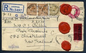 Great Britain Registered Postal Stationery Envelope 4 1/2d GV to New Zealand