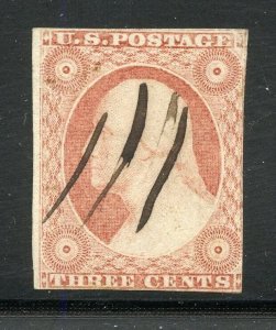 UNITED STATES SCOTT #11 3c GEORGE WASHINGTON VG/F PEN CANCEL AS SHOWN