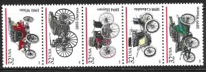 USA 3019-3023: 32c Antique Automobiles, strip, MNH, VF