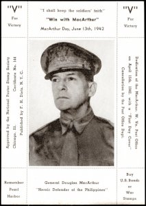 1942 US Patriotic S/S General Douglas MacArthur V For Victory Keep Soldier Faith