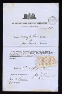 Gibraltar 1889 Supreme Court document with 1884 30c x3