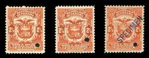 Panama #188s, 1906 2 1/2c orange, three different overprinted Specimen, wit...