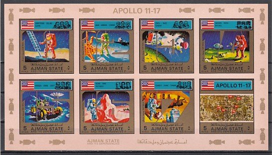 Ajman, Mi cat. 2669-2676 B. Apollo 11-17 Space issue. Pink IMPERF sheet. ^