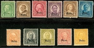 US #669-79 1¢ - 10¢ NEBR. Ovpt, Complete set hinged F/VF Scott $265.25