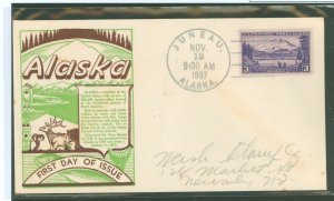 US 800 1937 3c Alaska (part of the US Possession series) single on an addressed FDC with a Washington stamp exchange (WSE) cache