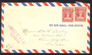 Canada Newfoundland Sc# 246 X 2 on cover (RCAF CENSOR) 1944 1.24 Queen Elizabeth