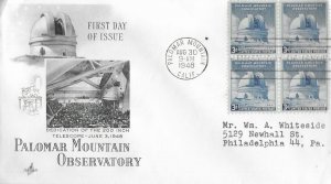 1948 FDC, #966, 3c Palomar Mountain Observatory, Art Craft, block of 4