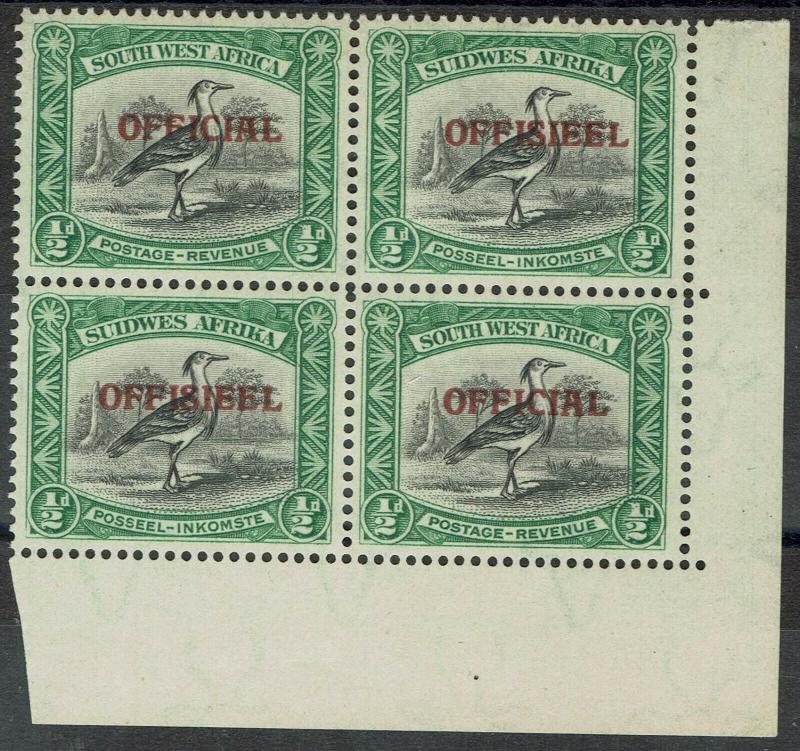 SOUTH WEST AFRICA 1945 OFFICIAL 1/2D BIRD BLOCK MNH **