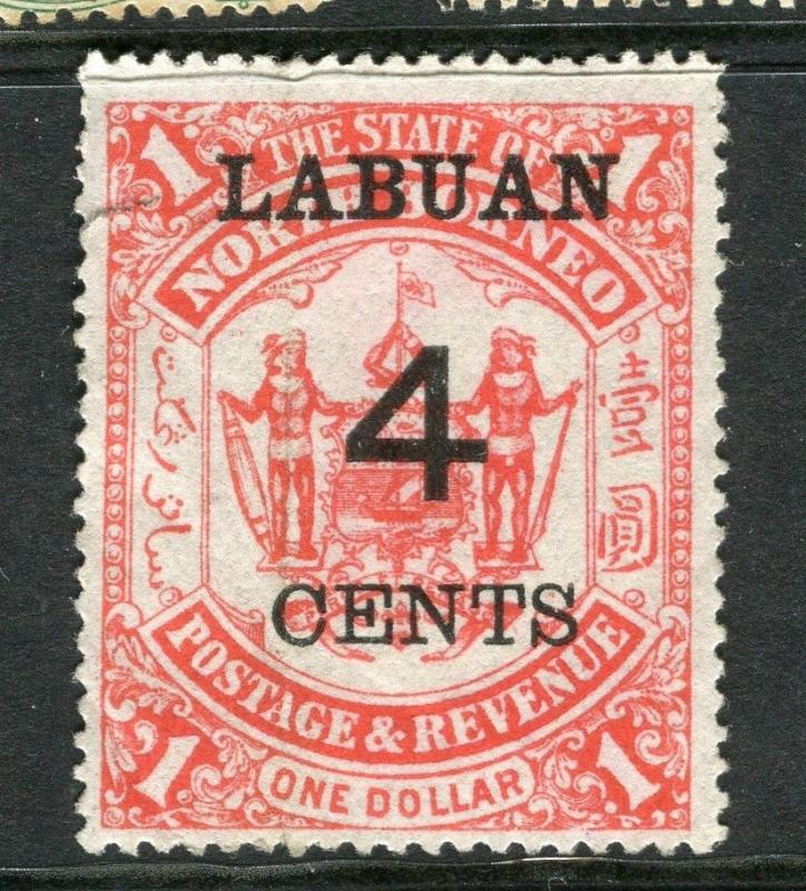 LABUAN; 1895 early surcharged $1 value unused 4c. value