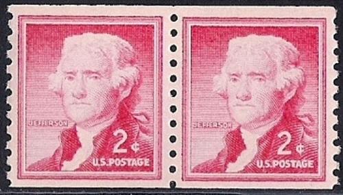 1055AV 2 cent Jefferson coil pair Stamp Mint OG NH VF