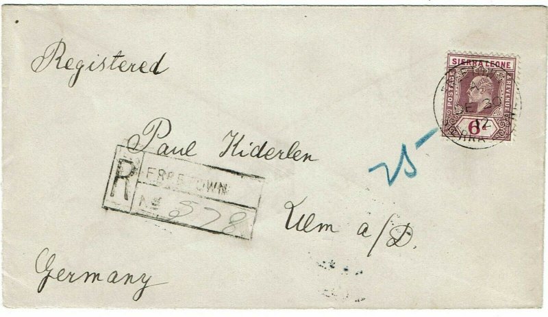 Sierra Leone 1912 Freetown cancel on registered cover to Germany