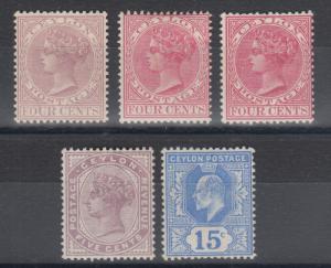 Ceylon Sc 88, 89, 90, 131a, 172, MLH. 1883-1903 issues, 5 different, sound