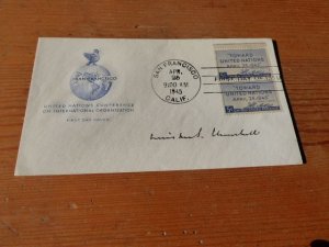 1945 United Nations USA FDC Cover with Winston Churchill preprint autograph