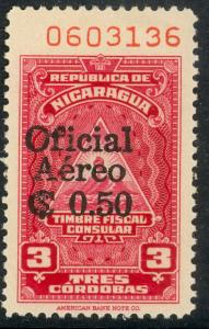 NICARAGUA 1961 50c on 3cor Consular Service Stamp Airmail Official Sc CO56 MLH