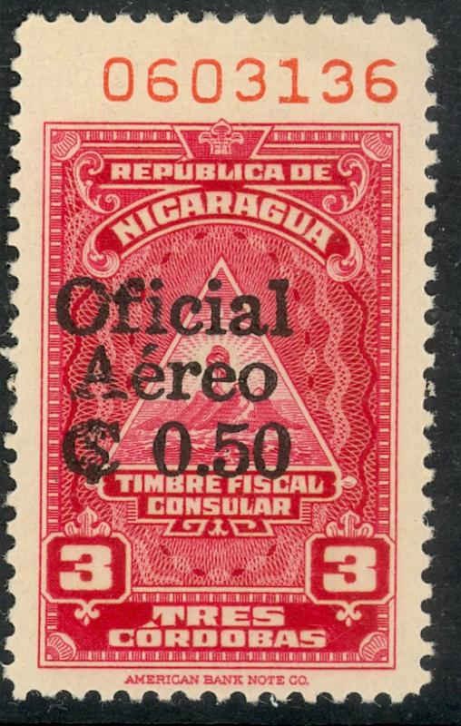 NICARAGUA 1961 50c on 3cor Consular Service Stamp Airmail Official Sc CO56 MLH