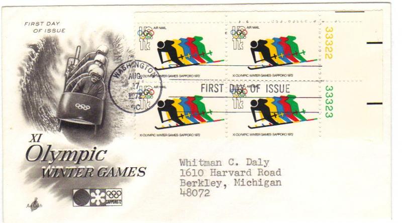 US #C85 11c Olympic Skiing pl# blk 4 FDC Artcraft ECV $4.00