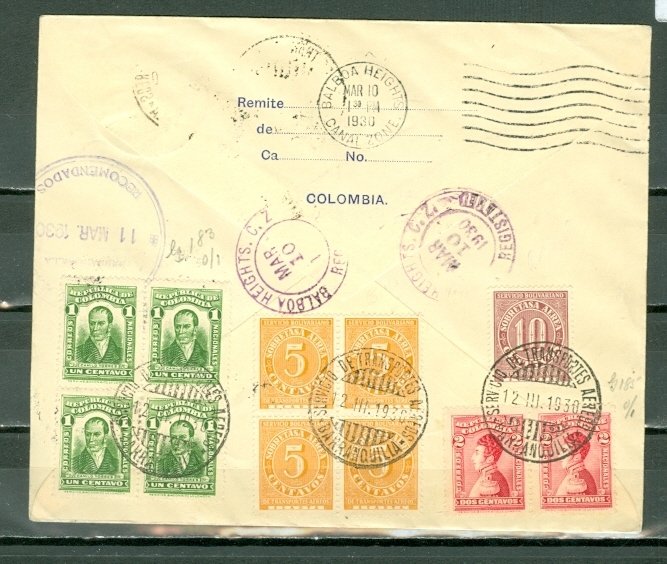 CANAL ZONE 1930 UNIQUE ROUND TRIP REGISTERED AIR COVER (SCADTA) to COLOMBIA