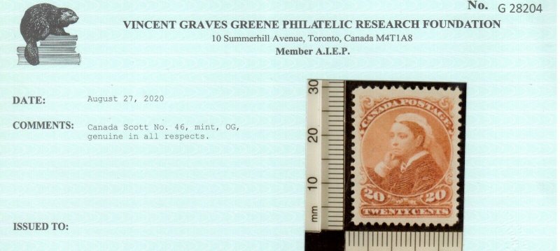 Canada #46 Extra Fine Mint Lightly Hinged **With Certificate**