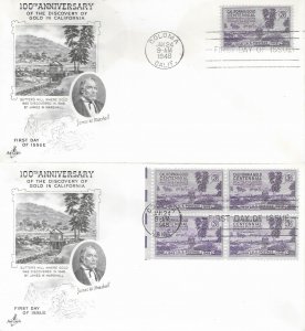 1948 FDC, #954, 3c California Gold Centennial, Art Craft, single/block of 4