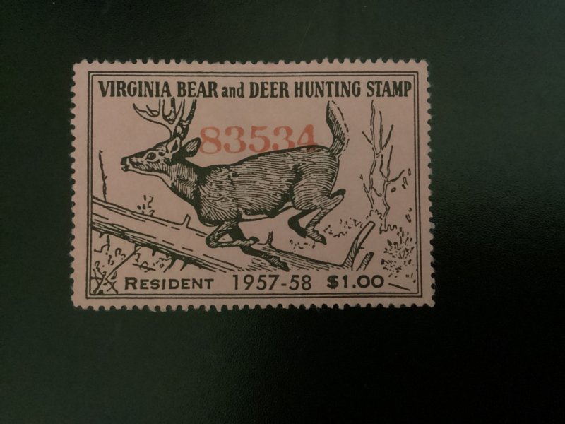 US Virginia State Revenue Big Game used #BG39 1957-58 Resident no gum bear/deer