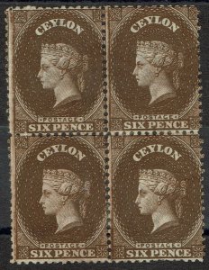 CEYLON 1867 QV 6D DEEP BROWN BLOCK */** WMK CROWN CC SG TYPE W6 PERF 12.5