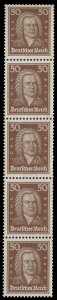 Germany #361 Cat$625, 1926 50pf brown, vertical strip of five, never hinged