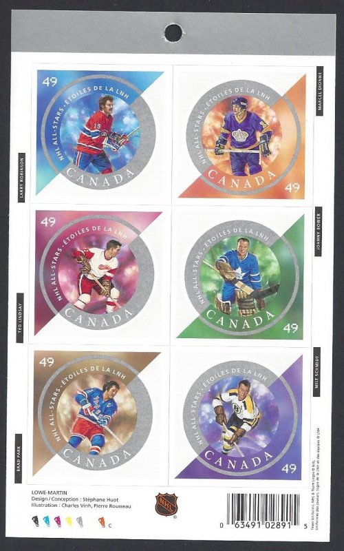 Canada #2018 MNH pane of 6, NHL all stars, issued 2004