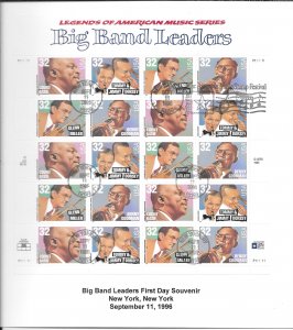 Just Fun Cover #3096-99 FULL SHEET FDC USPS Cachet BIG BAND LEADERS (12989)