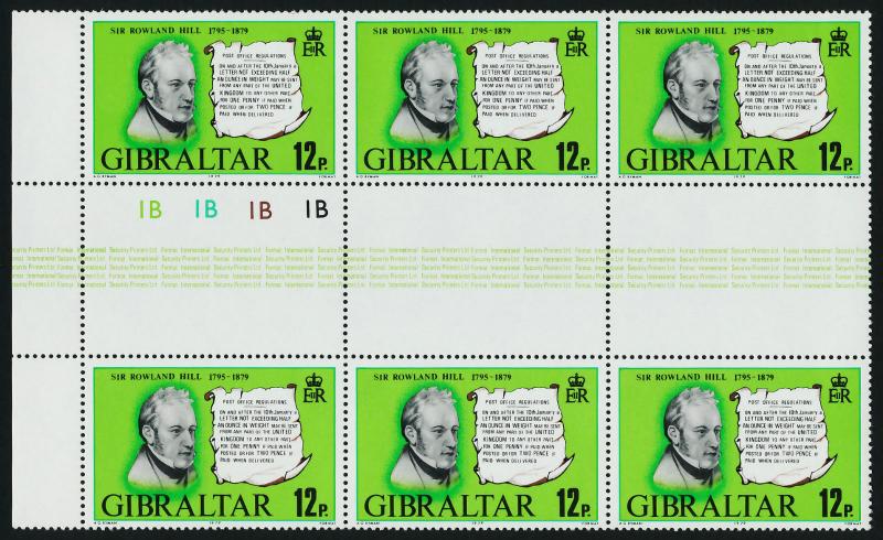 Gibraltar 378-81 Gutter Pair Blocks of 6 MNH Stamp on Stamp, Rowland Hill