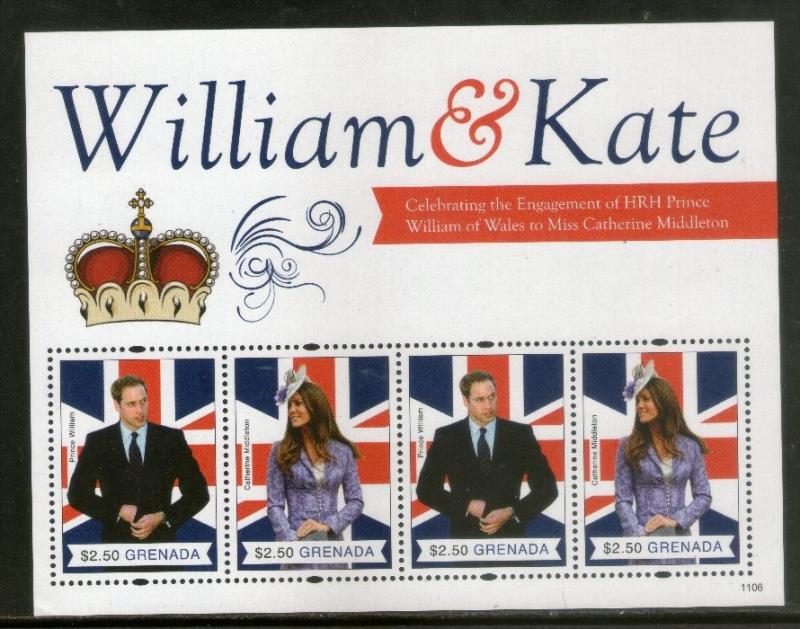 Grenada 2011 Royal Wedding Prince William & Kate Crown M/s of 4 Flag MNH # 6157