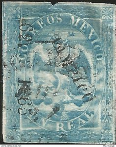 J) 1865 MEXICO, UN REAL BLUE, IMPERIAL EAGLE, IV PERIOD, DIAGONAL DISTRICT TAMPI