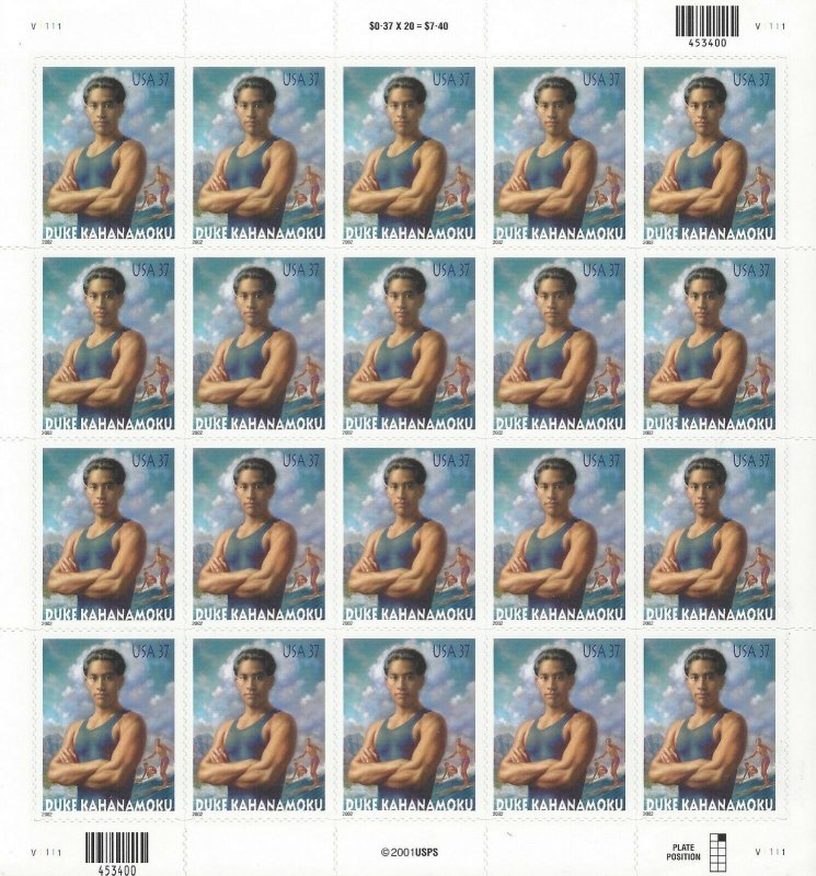 Scott 3660 Duke Kahanamoku Mint Not Hinged Pane of 20 .37 Cent Stamps