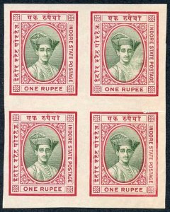 Indore 1927-37 1r in Green and Carmine PLATE PROOF (see footnote in SG) BLOCK