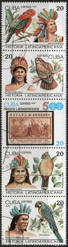 Cuba 2985a - Cto - 20c Birds / Indians (Strip /5) (1987) (cv $2.90)