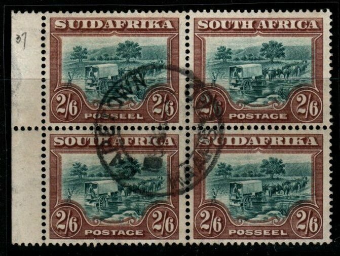 SOUTH AFRICA SG37 1927 2/6 GREEN & BROWN USED BLOCK OF 4(2 PAIRS)