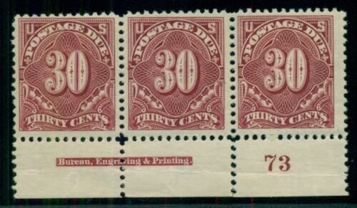 US #J43 30¢ deep claret Plate No. Imprint Strip, middle stamp NH, Miller cert