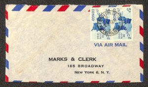 CONGO 362 (x2) STAMP LEOPOLDVILLE MARKS & CLERK NY AIRMAIL COVER 1962