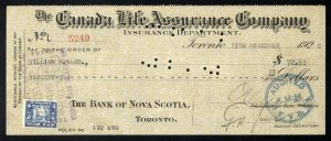 C2 Canada Life Assurance Co. bank draft, 1922, revenue stamp Van Dam #FWT10