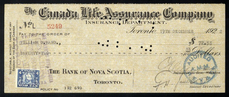 C2 Canada Life Assurance Co. bank draft, 1922, revenue stamp Van Dam #FWT10