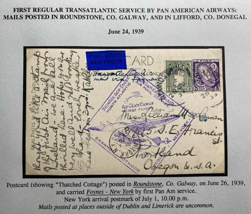 1939 Roundstone Ireland First Flight Airmail Postcard Cover To Portland OR USA