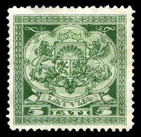 Latvia #154 (Mi. 219) Cat€250, 1933 5L green and pale green, perf. 11 1/2, ...