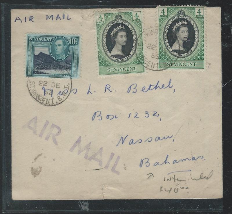 ST VINCENT  (P1110B) 1953 QEII CORONATION X2+KGVI 10C INTERISLAND A/M TO BAHAMAS