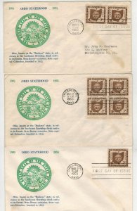 1953 CHILLICOTH OHIO STATEHOOD #1018 SET OF 3 GRANDY FDCs Single Pair BLock of 4